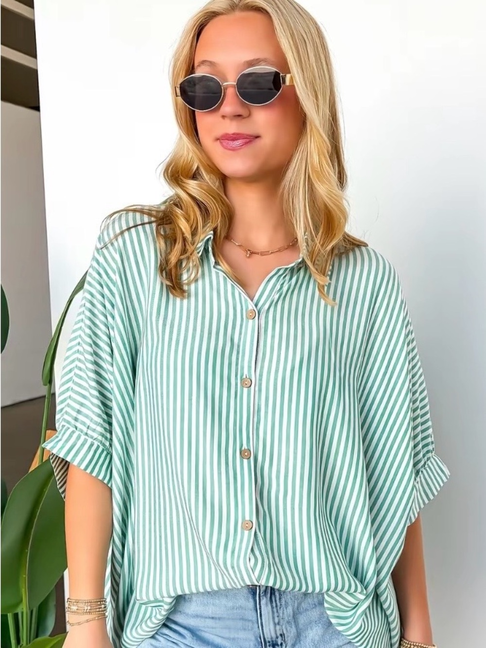 Zenana Outfitters Mint Green and White Striped Button-Front Top